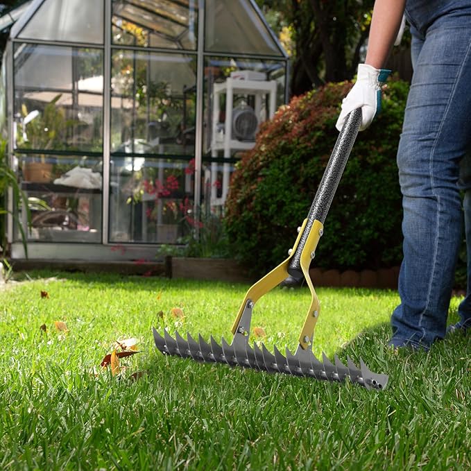 19-Tine Cold-Pressed Steel Dethatcher Rake - 72 inch Adjustable Handle, Ergonomic Grip, Rust-Resistant - Perfect for Gardens, Lawns, Fields, & More - Senior-Friendly Design