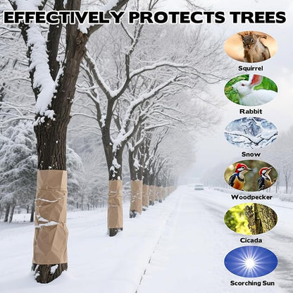 328 Ft Paper Tree Wrap for Damaged Bark, 3.15" Weather Resistant Tree Trunk Protectors Wraps to Protect Bark Tree Bark Repair Wrap Bandage with 2pcs Tape for Frost, Sun and Deer Animals