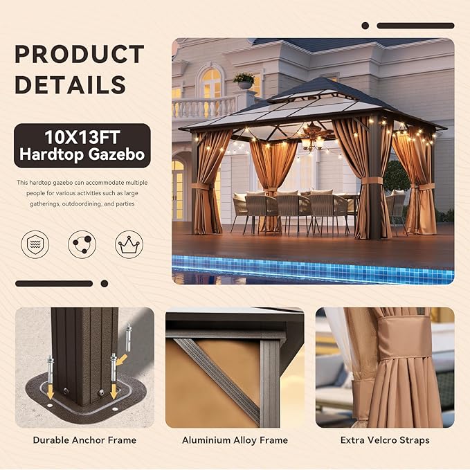 Aoxun 10'x13' Hardtop Gazebo, Aluminum Frame Permanent Pavilion with Netting and Curtains, Outdoor Polycarbonate Double Roof Canopy, Designed for Lawn, Garden, Patio (Khaki)