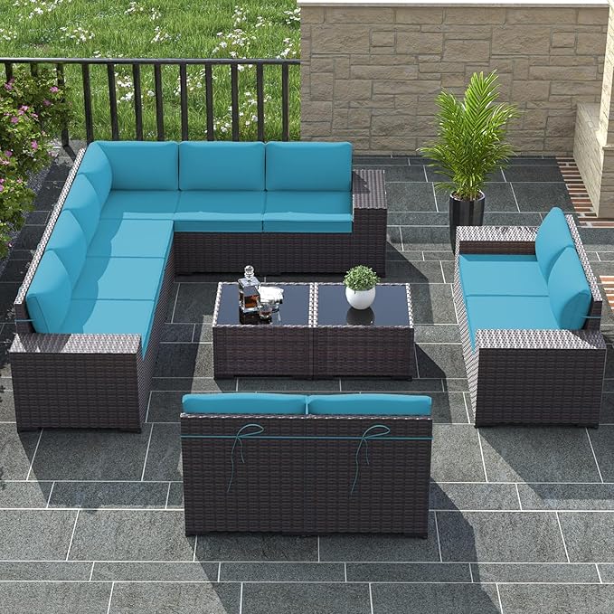 Outdoor Patio Furniture Set, 12 Pieces Outdoor Furniture All Weather Patio Sectional Sofa PE Wicker Modular Conversation Sets with Coffee Table,10 Chairs & Seat Clips Turquoise Blue.