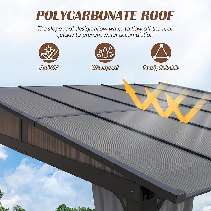 10 x10FT Outdoor Wall-Mounted Hardtop Gazebo, Aluminum Frame Lean to Gazebo with Polycarbonate Roof and Curtains for Patio, Garden, Deck