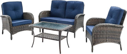 HUMMUH 4-Piece Patio Furniture Wicker Outdoor Conversation Set,All-Weather Rattan Outdoor Sofa Set Patio Chairs Coffee Table for Backyard,Porch,Deck
