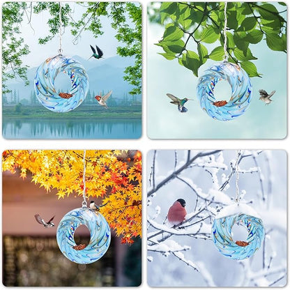 VCUTEKA Bird Feeder Solar Fly Through Bird Feeders for Outside Hanging with Round Shape Glass Container to Attract Wild Birds for Garden Decor, Solar Birdfeeder as Gift for Lovers, Light Blue 8-Inch