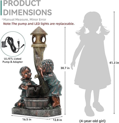 31" Resin Outdoor Water Fountain with LED Lights, Boy-Girl, Pagoda and Wood Barrel Garden Fountain, 3-Tier Cascading Waterfall for Tranquil Backyard, Patio or Porch, Faux Bronze Finish