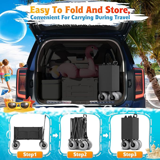 Heavy Duty Beach Wagon with 9" Big Wheels for Sand - 450lbs Load Foldable Wagon with Adjustable Handle & Cooler Bag, Collapsible Beach Cart for Shopping Garden Sports Camping Outdoor