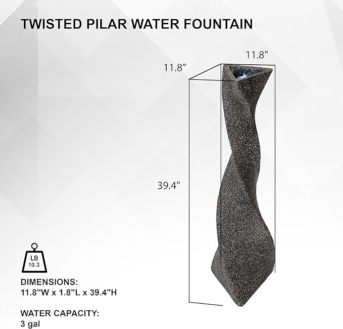 XBrand 39 in. H Freestanding Resin Fiberglass Sculptural Modern Twisted Pilar Outdoor Garden Fountain w/LED Light