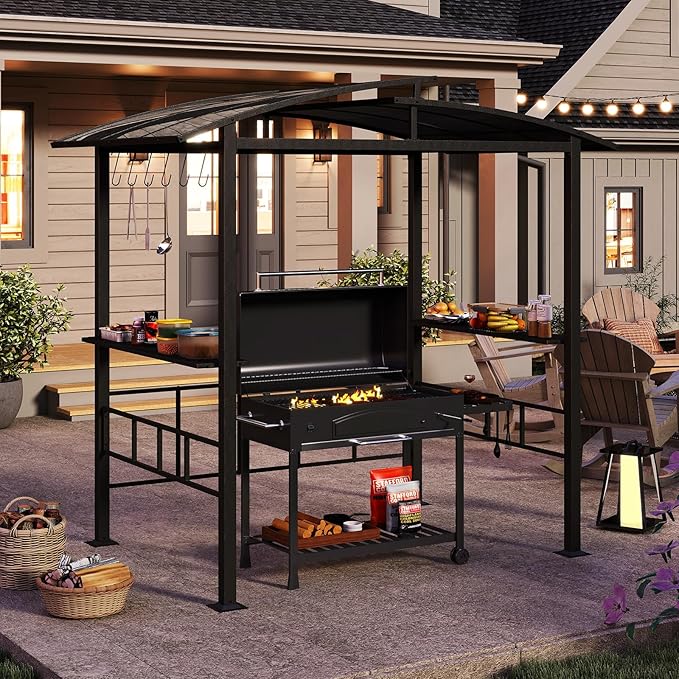 Tangkula 8x5 FT Hardtop Grill Gazebo, Outdoor Double-Tiered Barbecue Canopy with Vented Polycarbonate Roof, 2 Side Shelves, 6 Hooks, Outdoor Grill Shelter for Patio Garden Lawn Deck (Black)