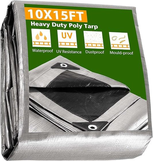 Yescom 10x15ft Heavy Duty Reinforced Poly Tarp 10-mil Waterproof Tarpaulin Ground Sheet Camping Tent Cover with Eyelets Reversible Silver Black Tarps