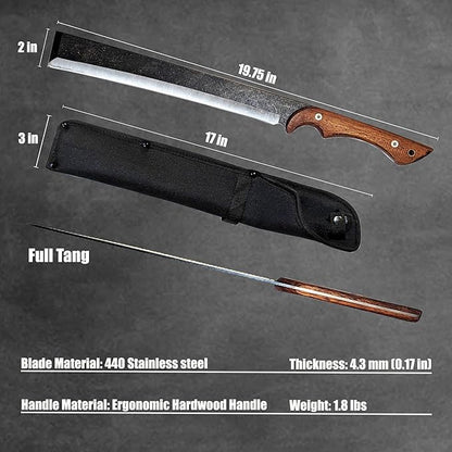 NLX 19.25" Machete Knife Japanese NATA Tool Style - 440 Stainless Steel Full Tang Blade - Multi-Function Outdoor Camping Tool with Sheath. for Collection, Gift and Camping Cutting Ropes - Branches
