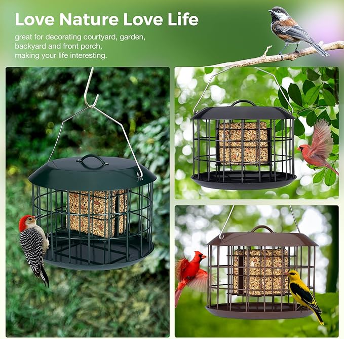 Kingsyard Squirrel Proof Suet Feeder, Cage Bird Feeders for Outdoors Hanging, All Metal, Double Suet Cake Capacity, Tray & Weatherproof, Black