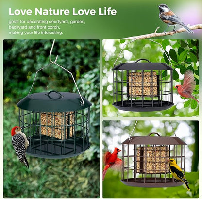 Kingsyard Squirrel Proof Suet Feeder, Cage Bird Feeders for Outdoors Hanging, All Metal, Double Suet Cake Capacity, Tray & Weatherproof, Brown
