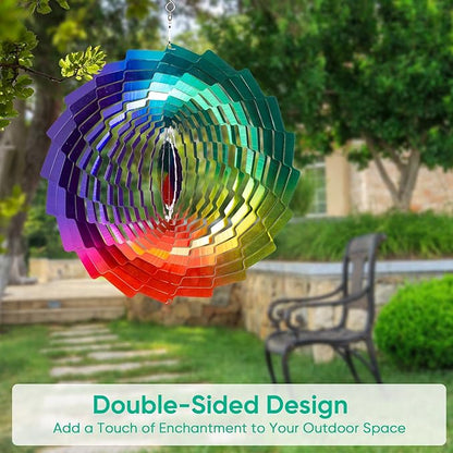 Wind Spinners Rainbow Hanging Metal Wind Sculpture Art Garden Decor, 12 inch 3D Stainless Steel Wind Spinner Decoration for Outdoor Patio Lawn and Yard