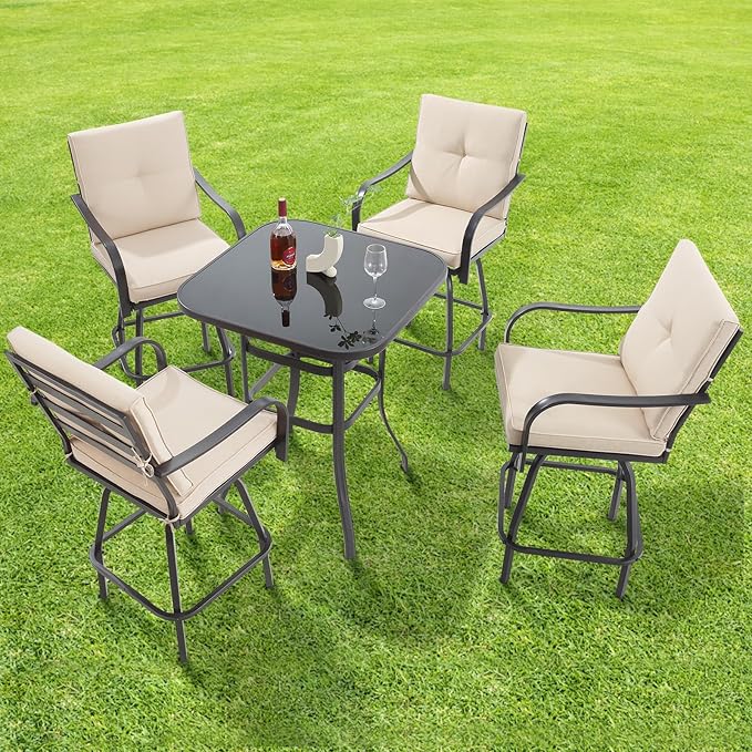 Patio Swivel Bar Stools, Outdoor High Back Swivel Bar Chair Set of 6 with Cushion & All Weather Steel Frame for Backyard, Lawn, Poolside and Balcony, Beige