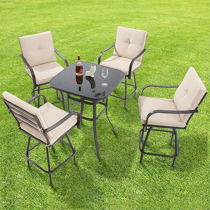 Patio Swivel Bar Stools, Outdoor High Back Swivel Bar Chair Set of 6 with Cushion & All Weather Steel Frame for Backyard, Lawn, Poolside and Balcony, Beige
