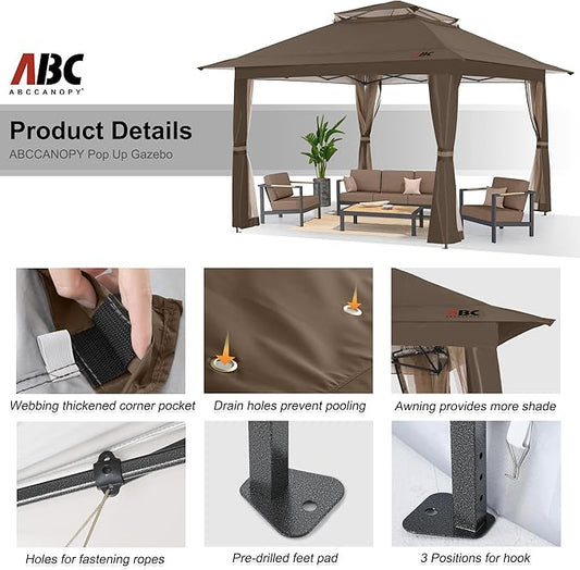 ABCCANOPY 13x13 Pop Up Gazebo, Outdoor Canopy Tent, Instant Screened Shelter with Mosquito Netting for Patio, Garden, Backyard, Party, Camping (Brown)