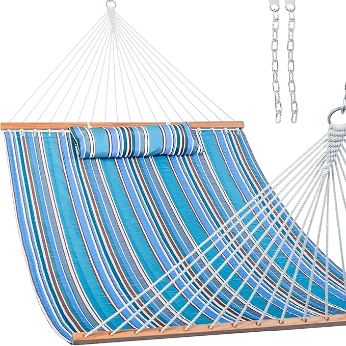 Lazy Daze Hammocks 12 FT Quilted Fabric Double Hammock with Spreader Bars and Detachable Pillow, 450lbs Weight Capacity