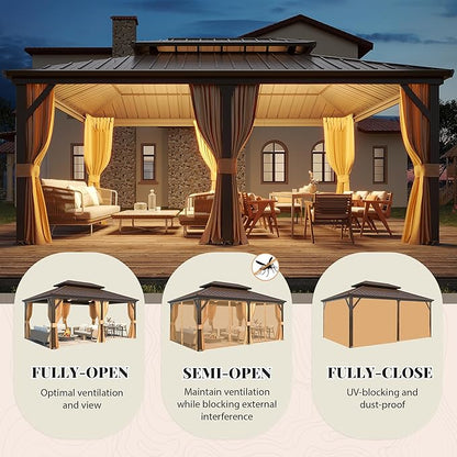 YOLENY 12' x 18' Hardtop Gazebo, Metal Gazebo with Aluminum Frame, Double Galvanized Steel Roof, Curtains and Netting Included, Metal Gazebos Pergolas for Patios, Garden, Parties, Lawns