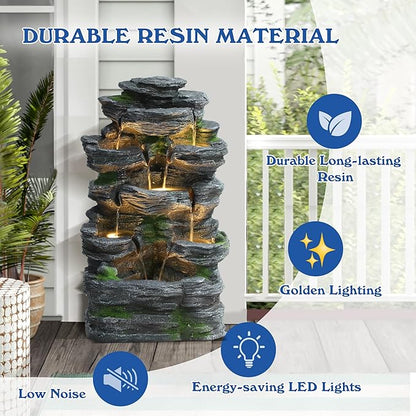 7-Tiers Garden Waterfall Fountain Outdoor - Water Fountains and Waterfalls, Outdoor/Indoor Floor Standing Resin Water Fountain with LED Light for Patio, Garden and Backyard, Deck, Porch, Home
