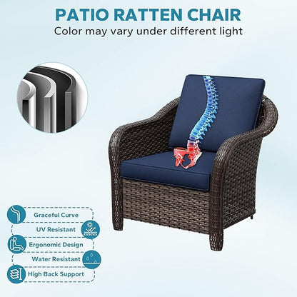 5 Pieces Outdoor Patio Conversation Furniture Set with Removable Covers, All-Weather PE Rattan, 4 Steel Frame Wicker Chairs with Cushions, 47" Metal Coffee Table for Yard (Navy Blue)