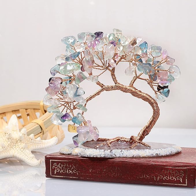 TUMBEELLUWA Reiki Crystal Money Tree with Agate Slice Base Feng Shui Stone Bonsai Tree Figure Decor for Happiness Good Luck and Wealth, Fluorite