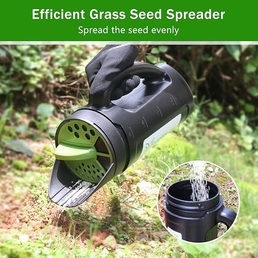 Hand held Spreader, Seed Spreader for Ice Melt, Grass Seed, Fertilizer Lawn and Garden. Multiple Adjustable Opening Sizes for Salt,Ice Melt, Up to 80 Oz