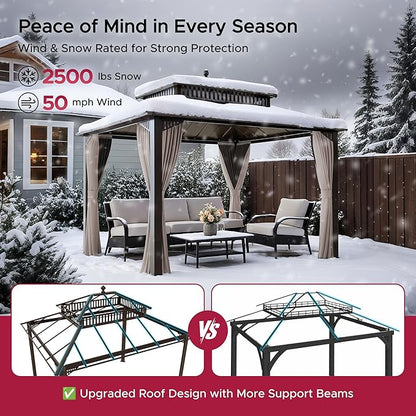 SUNJOY Kingston 12' x 10' Hardtop Gazebo with Galvanized Steel Double Roof, Curtain and Netting, Brown Aluminum Posts Permanent Pavilion Gazebo for Garden, Patio, Deck, Lawn