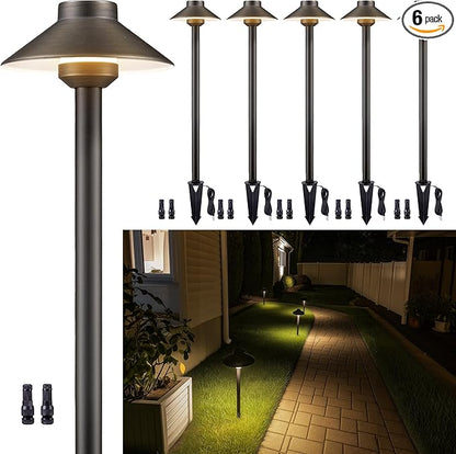 Gardenreet Brass Low Voltage Pathway Lights - 12V Landscape Path Lights Wired, LED Walkway Light Waterproof IP65, Hat Shaped ‎Classic Bronze for Outdoor Entrance Garden G4 Bulb Not Included (6 Pack)