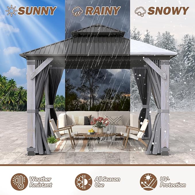 8.5 x 8.5FT Wood Gazebo,Outdoor Wooden Hardtop Gazebo with Galvanized Steel Doule Roof,Cedar Wood Frame Gazebos with Netting &Curtains for Backyard Deck