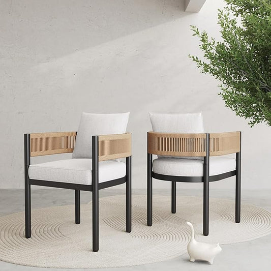 Grand patio Outdoor Dining Chair Set of 2, 2 Pieces Patio Dining Chairs, Metal Woven Wicker Fixed Patio Chairs with Light Beige Cushions for Backyard, Deck, Garden, Porch, Lawn and Poolside (Natural)