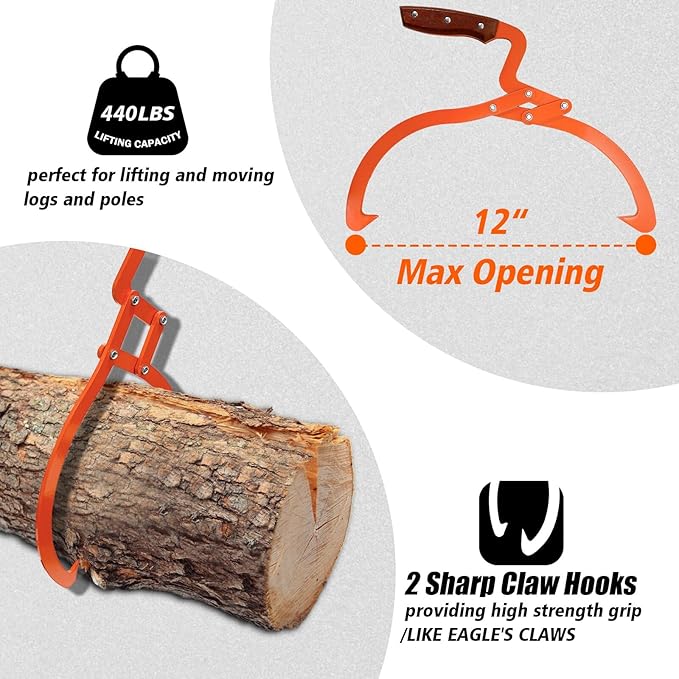 Log Tongs Grabber 12", 440LBS 2 Claw Logging Skidding Tongs Grapple Lifting, with Handle Non-Slip Grip Hook, Dragging Carrying Logging Tool Equipment