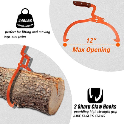 Log Tongs Grabber 12", 440LBS 2 Claw Logging Skidding Tongs Grapple Lifting, with Handle Non-Slip Grip Hook, Dragging Carrying Logging Tool Equipment