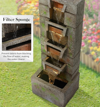 41.1" Outdoor Water Fountains Modern Fountain with LED Lights with Water Pump 4 Tier Floor Standing Outdoor Waterfall Fountain for Garden, Yard, Home Decor, Patio, Yellow
