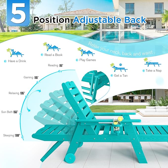 nalone Outdoor Chaise Lounge Chair Set of 2 with Wheels & Cup Holder, HDPE Pool Lounge Chairs with 5-Position Adjustable Backrest Supports Up to 400 LBS for Patio Poolside Deck Beach Backyard (Aruba)