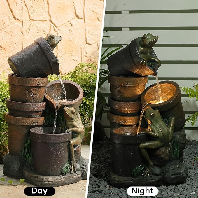 27.2''H Garden Fountains Outdoor Water Fountain,3 Tier Cascading Barrel Frog with LED Lights & Pump for Farmhouse Patio Yard Deck Home Lawn Porch House Decorations
