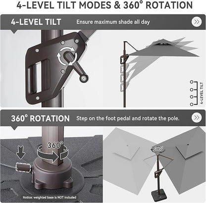 10 X 13 FT Cantilever Outdoor Patio Umbrella with Led Lights Large Heavy Duty 360° Rotation Double Top Offset Rectangular Umbrellas for Backyard Garden Pool Outside Deck, Grey