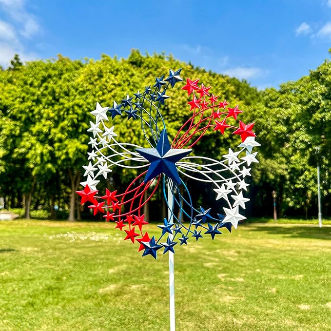 47.3” Red White & Blue Patriotic Wind Spinner – Star Design American Flag Spinner Outdoor – Metal Garden Spinners for Yard, Lawn & Patio Decor