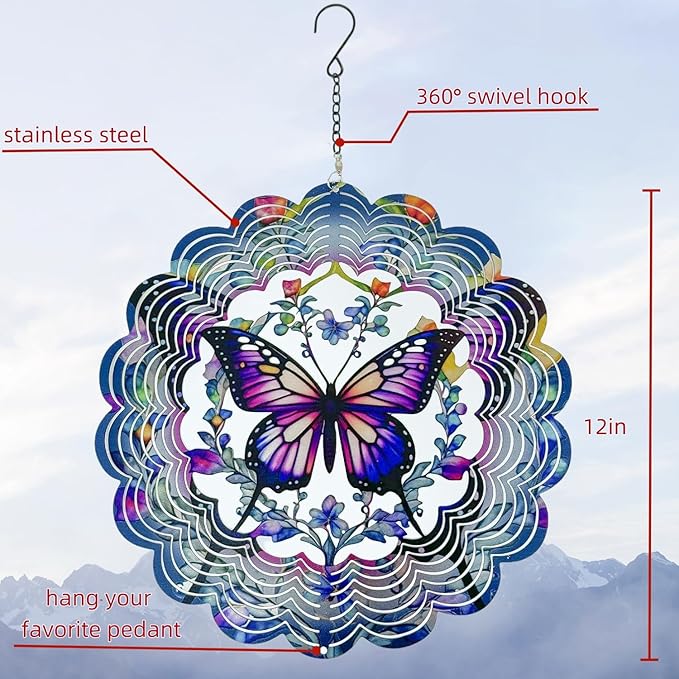 Metal Wind Spinners Outdoor Hanging Wind Spinner for Yard and Garden Decor for Outside-12In 3D Stainless Steel Butterfly Wind Chime Gifts for Women Mom