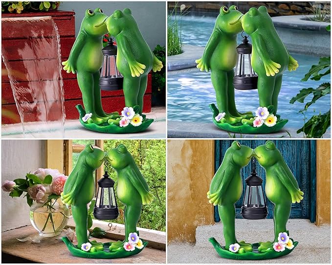 Solar Frogs Statue for Garden Decor Solar Lantern LED Outdoor Decoration Figurines for Porch Patio,Yard,Lawn - Frog Gifts for Women Mom Grandma Wife (Kiss Frog)
