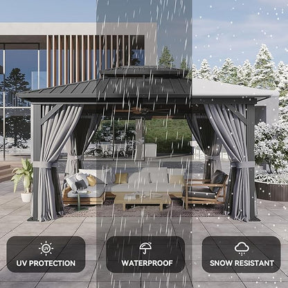 Aoxun 10'x14' Hardtop Gazebo, Aluminum Frame Canopy with Double Galvanized Steel Roof, Outdoor Metal Pavilion with Netting, Curtains for Backyard, Patio and Deck, with Ground Nails