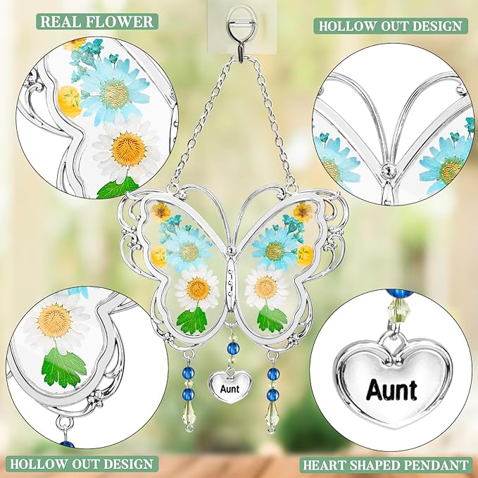 LARAINE Butterfly Suncatcher with Pressed Flower Wings Mom Mother's Day Butterfly Glass Wind Chime Ornament Charm with Metal Heart Gifts for Mom Grandma Aunt Birthday (Aunt, Blue)