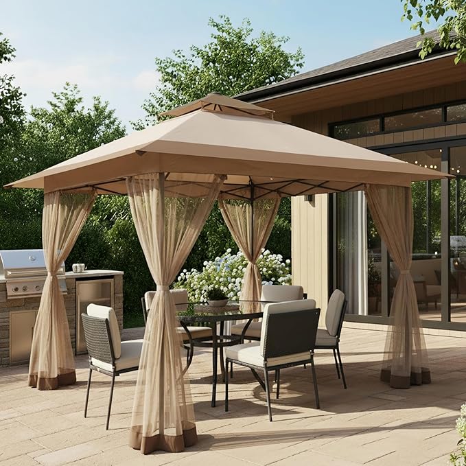 Bezseller 13x13 Pop Up Gazebo Tent with Mosquito Netting – Quick Set Up, Water-Resistant Outdoor Canopy for Patio, Garden, Backyard, and More,Khaki