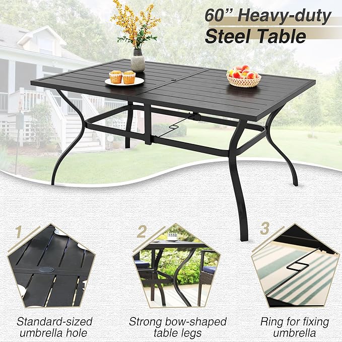 PHI VILLA 7 Pieces Patio Dining Set for 6 with 13ft Large Patio Umbrella, Metal Outdoor Stackable Wrought Iron Chair Set of 6 & 60"X38" Metal Dining Table,Market Table Orange Red Umbrella