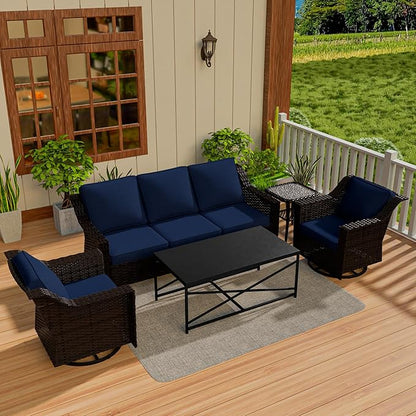 Vista Vibe 5 Pieces Outdoor Rattan Patio Conversation Furniture Set - 78" 3-Seat Sofa | 2 Swivel Glider Rocker Chairs | Wicker End Table | Metal Table, Upholstered Loveseat, Deck (Brown/Navy)