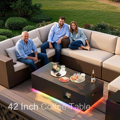 42" Outdoor Fire Pit Table, 50,000 BTU Gas Fire Pit with Glass Wind Guard, Fire Stones, Waterproof Cover, Propane Fire Pit Table for Outside Patio (RGB Light, Black)