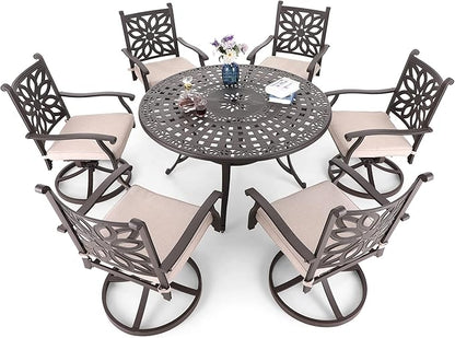 MFSTUDIO Retro Cast Aluminum Patio Dining Set with 6 Swivel & Rock Chair and 1 54" Round Outdoor Dining Table, Outdoor Table and Chairs Set of 6