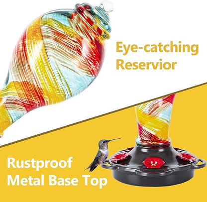LUJII Hand Blown Glass Hummingbird Feeder for Outdoors Hanging with Ant Moat, 25 fl.oz, Leak Proof & Rustproof, Metal Base with 5 Feeding Ports & 5 Perches, Unique Garden & Backyard Decor (Ribbon)