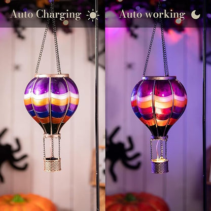 TERESA'S COLLECTIONS Hot Air Balloon Solar Lantern for Halloween Garden Decor, Flickering Flame Hanging Solar Light for Outdoor Yard Tree Porch Lamp Decorations Outside, Gift for Halloween Party
