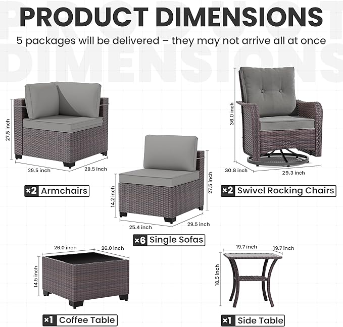 12 Pcs Outdoor Patio Furniture Set Outdoor Furniture All Weather Patio Sectional Sofa PE Wicker Modular Conversation Sets with Coffee Table, Swivel Rocking Chair (Grey)