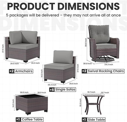 12 Pcs Outdoor Patio Furniture Set Outdoor Furniture All Weather Patio Sectional Sofa PE Wicker Modular Conversation Sets with Coffee Table, Swivel Rocking Chair (Grey)