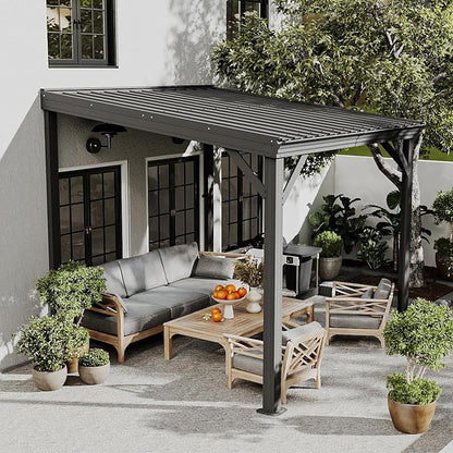 Domi 8’ x 8’ Wall-Mounted Hardtop Gazebo Pergola – Permanent Lean-to Outdoor Shelter with Sloped Galvanized Steel Roof & Upgraded Drainage – Grey Metal Patio Cover for Backyard, Deck, Garden